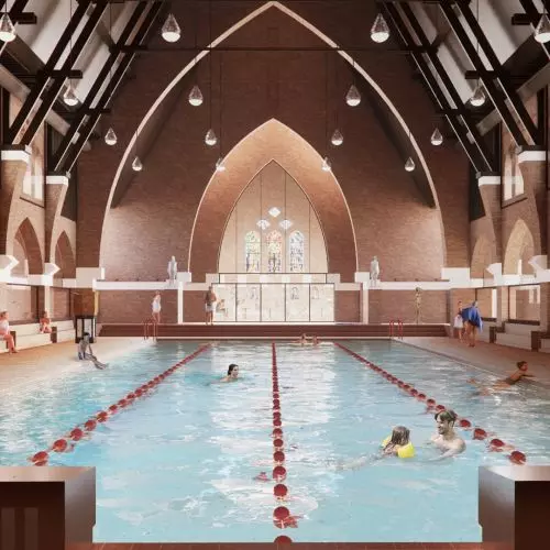 Basen w kościele? MVRDV prezentuje nietypowy projekt transformacji świątyni w Heerlen