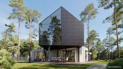 Projekt domu jednorodzinnego „Wstęga między sosnami” (wizualizacja)
