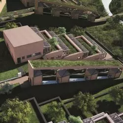 rząd segmentów tarasowych jednorodzinnych wraz z garażami i windą terenową
