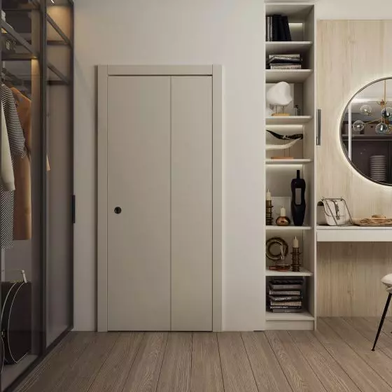 Drzwi łamane z ościeżnicą bezprzylgową V-retto w modnym kolorze cashmere to połączenie funkcjonalności i minimalistycznego wyglądu, dzięki czemu wnętrze zachowuje spójność i harmonię.