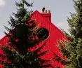 The red summer house contrasts with the green of the forest