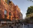 Warzelnia - dawny browar Mycielskich w Poznaniu, wizualizacja, widok od zachodu, widoczne lokale usługowe w zaadaptowanych, odsłoniętych piwnicach