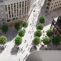 skrzyżowanie zamieni się w szeroki plac z drzewami, nowoczesną małą architekturą oraz fontanną