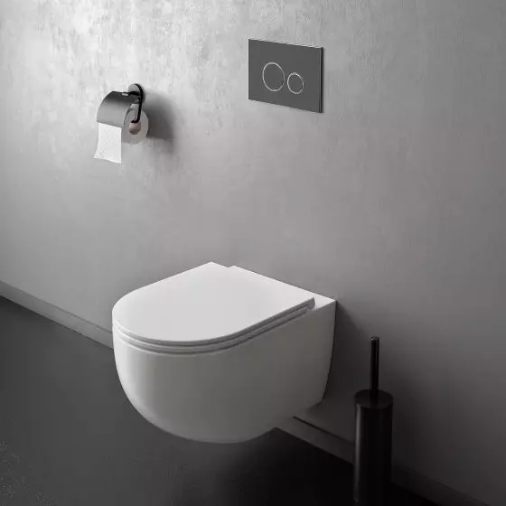 Ksuro 01 – miska WC wisząca Pure Edge z powłoką Intelligent Coat z deską wolnoopadającą biały (22801000) Ksuro 01 – uchwyt na papier toaletowy ścienny chrom błyszczący (41001010)