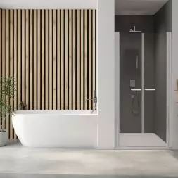 Drzwi prysznicowe wahadłowe serii Exa Line i wanna kompletna narożna serii Luxo
