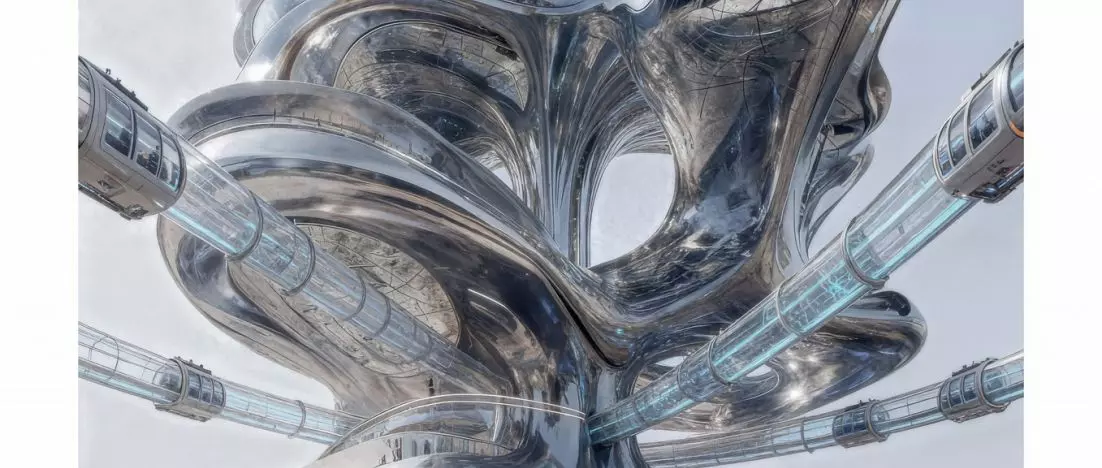 Center of commerce and holographic experience. A futuristic vision of a gallery in Bialystok.