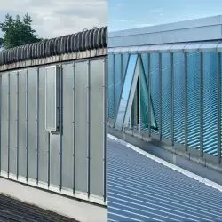 Świetliki dachowe i systemy VELUX Commercial — widok przed i po modernizacji