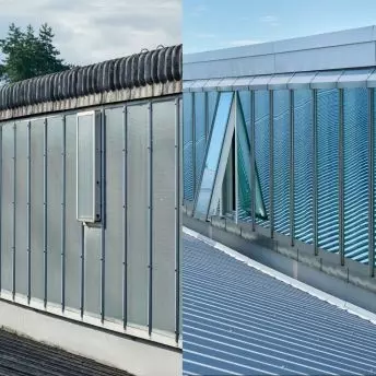 Świetliki dachowe i systemy VELUX Commercial — widok przed i po modernizacji