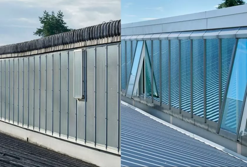 Świetliki dachowe i systemy VELUX Commercial — widok przed i po modernizacji