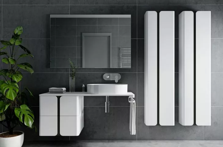 Harmonious bathroom - ceramic washbasin and modern designer furniture