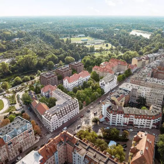 Traugutta nad Oławą, inwestycja we Wrocławiu; widok z lotu ptaka