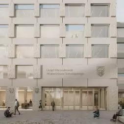 cofnięte wejście do nowego Urzędu Marszałkowskiego we Wrocławiu