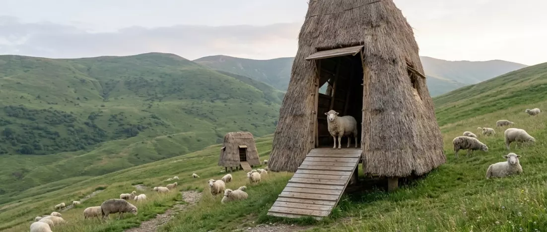 A specialized rural farm—a sheep farm. Architecture that blends into the mountain landscape