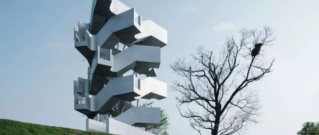 Spiralna wieża pośród mokradeł. Chenhu Migratory Bird Observation Tower projektu Xiang Architects