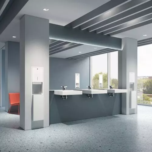 HEWI is expanding its System 900 to include concealed dispensers and waste management systems for public spaces