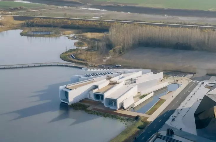 An art center rises from the wetlands of Wuhan. The Chenhu Wetland Art Center, designed by Trace Architecture Office (TAO)