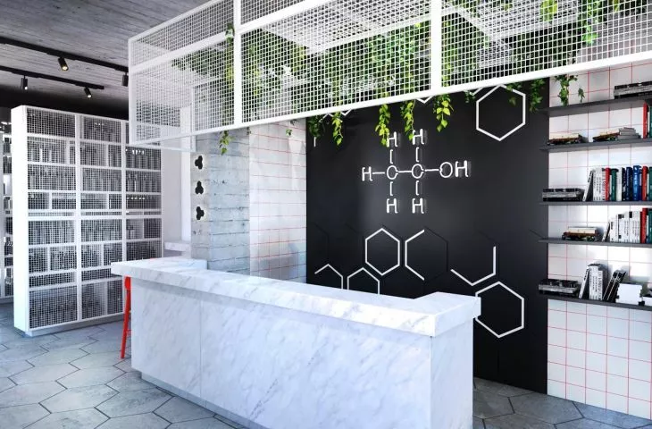 Salon z alkoholami w loftowym stylu od Paperdog Studio