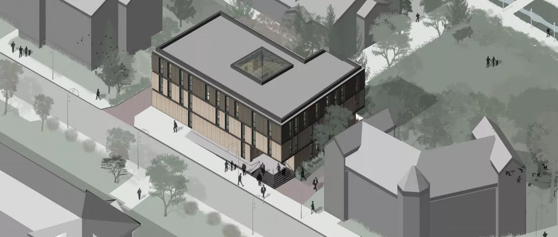 Biblioteka miejska w Krynicy-Zdroju. Nowoczesny budynek w otoczeniu historycznej architektury