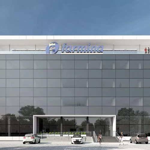 An office building like a tablet. Krakow headquarters of Farmina