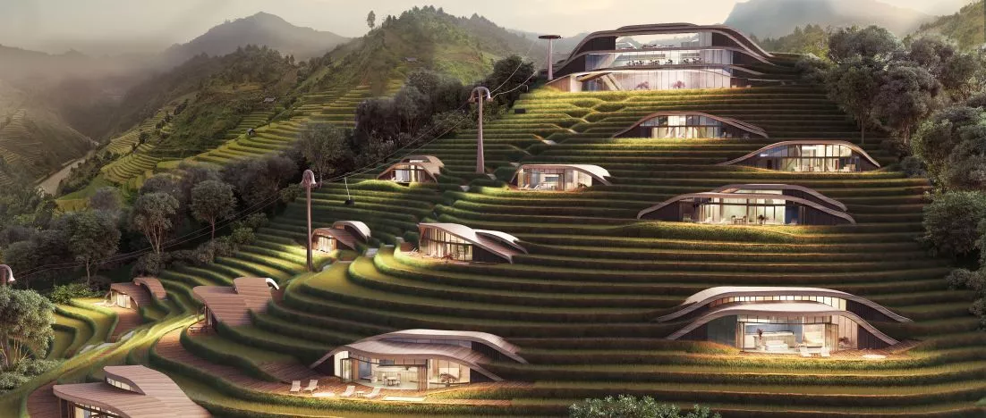 Wypoczynek pośród pól ryżowych. Projekt Rice Hill Resort