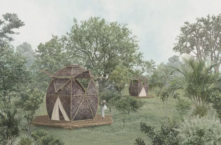 Lotus flower-inspired bamboo huts. Student project in the finals of the competition