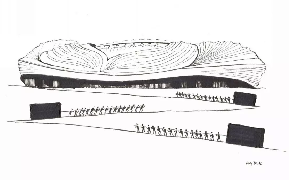 ilustracja inspirowana projektem stadionu w Katarze biura Zaha Hadid Architects