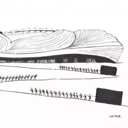 ilustracja inspirowana projektem stadionu w Katarze biura Zaha Hadid Architects