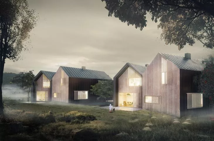 Suburban villas like modern barns. Semi-detached housing project near Krakow