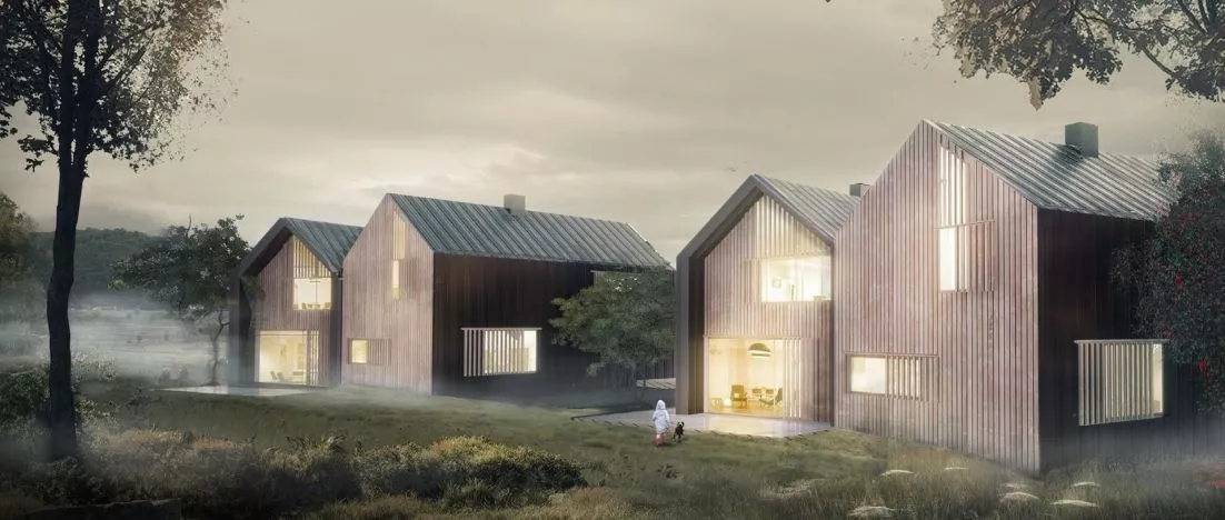 Suburban villas like modern barns. Semi-detached housing project near Krakow