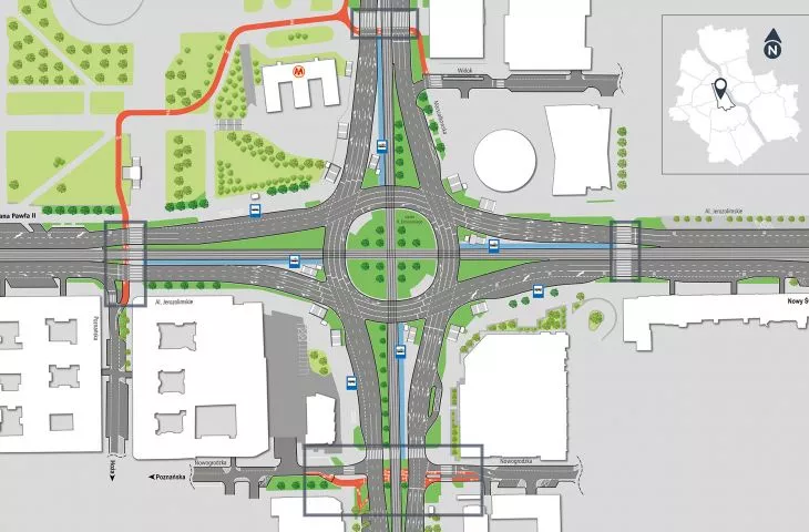Dmowskiego traffic circle: lots of greenery and little improvement for pedestrians