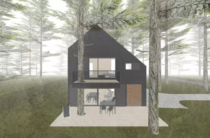 House with a tree. Holiday house in the forest project k3xmore.