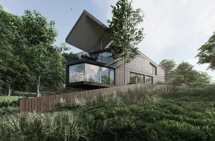 Recreational house on a slope. Unusual block a way to a difficult plot of land