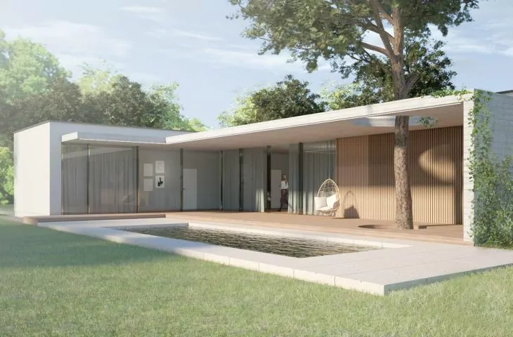 L-shaped single-story house. Project by MAD Design Studio