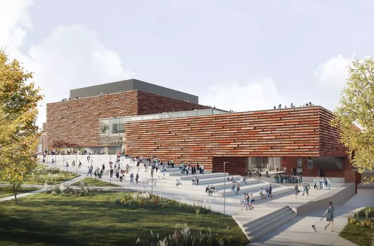 Projekt konkursowy siedziby Europejskiego Centrum Filmowego CAMERIMAGE autorstwa MWM. „Chcieliśmy spoić i uspokoić okoliczną architekturę”
