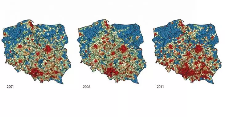 Natężenie nocnego światła w Polsce na przestrzeni kilkunastu lat - plansze z pracy badawczej pod kierownictwem dr O. Zadorozhney
