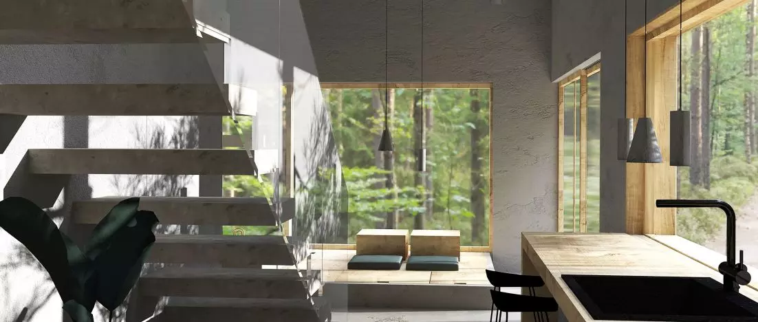 Summer cottages in the Beskid Wyspowy. Interior design with light