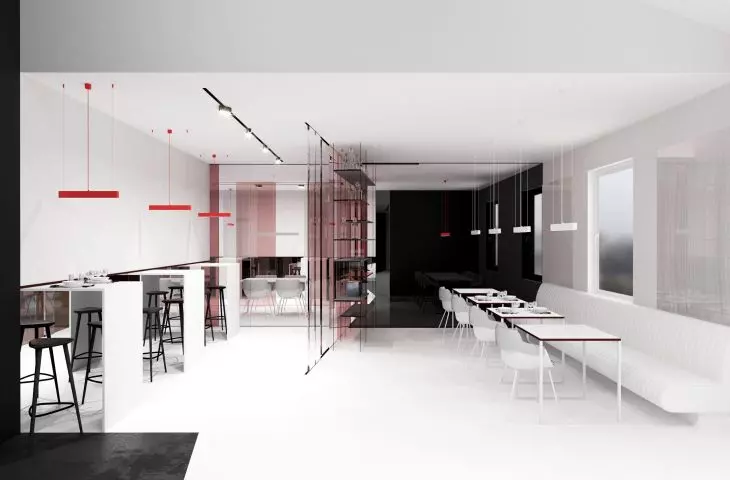 Biel, czerń i światło. Projekt nowego wnętrza restauracji w Wadowicach