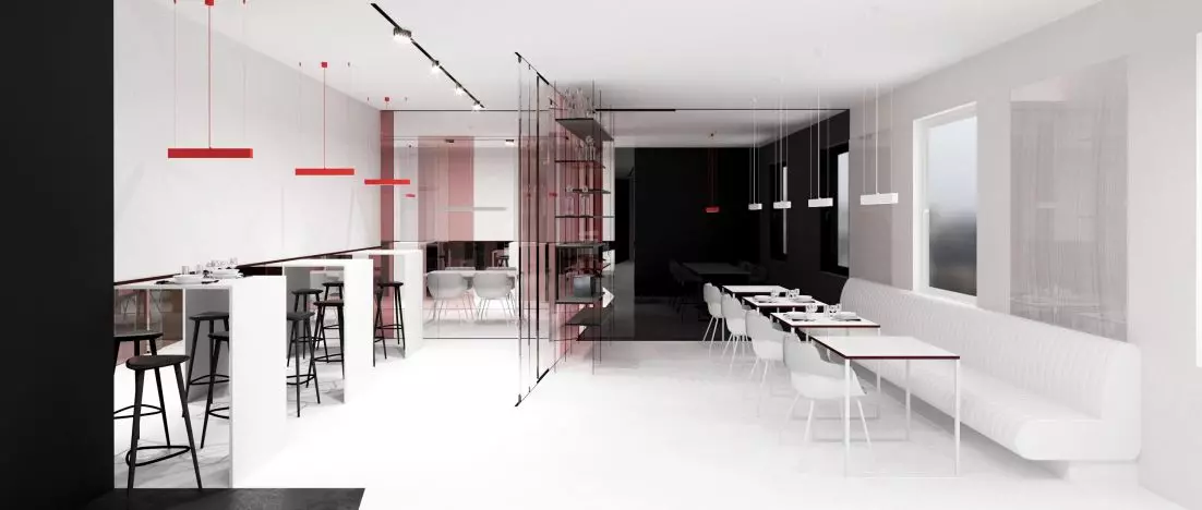 White, black and light. Design of the new interior of the restaurant in Wadowice