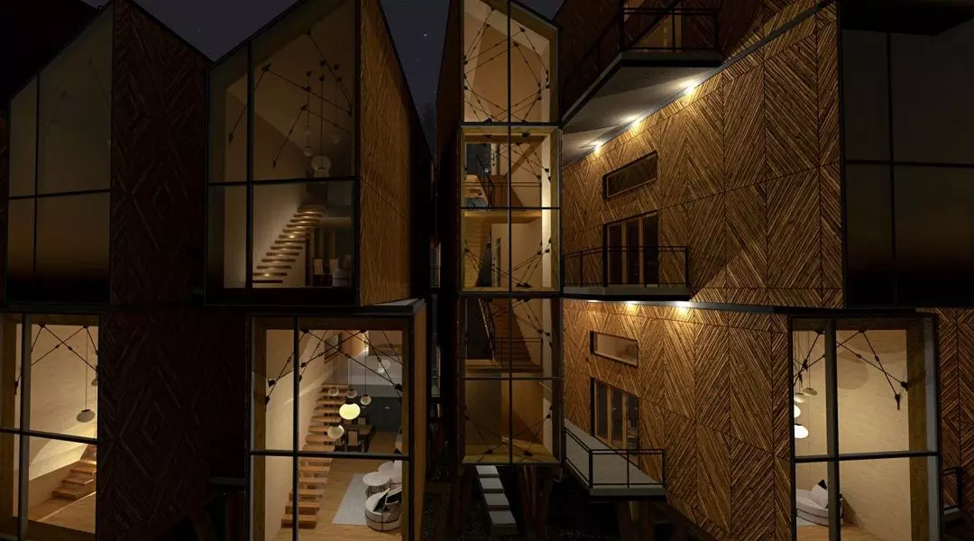 Wyróżnienie (ex aequo), „Projekt modularnego hotelu w technologii CLT, pozostającego w dialogu z krajobrazem kulturowym i przyrodniczym Podhala”