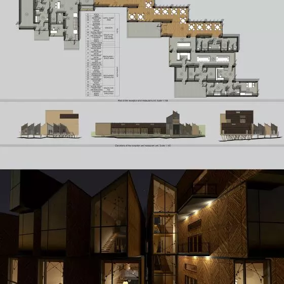 Wyróżnienie (ex aequo), „Projekt modularnego hotelu w technologii CLT, pozostającego w dialogu z krajobrazem kulturowym i przyrodniczym Podhala”
