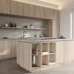 Wizualizacja kuchni z użyciem dekoru Amberwood