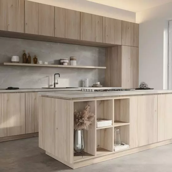 Wizualizacja kuchni z użyciem dekoru Amberwood