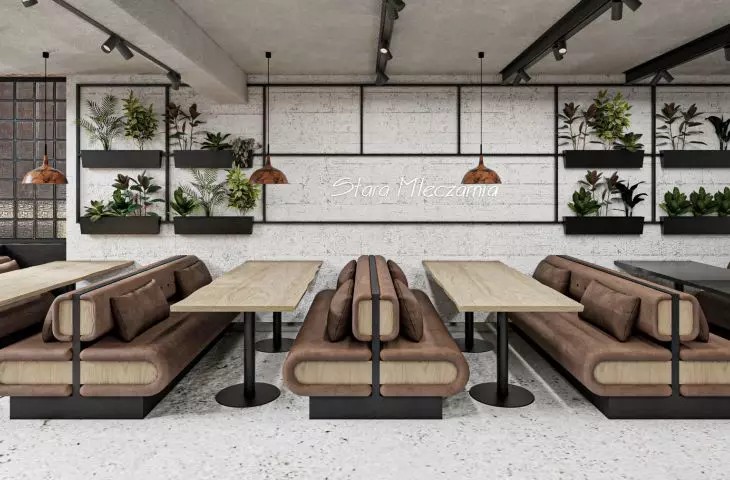 Projekt wnętrza restauracji w obiekcie dawnej mleczarni we wsi Przemocze