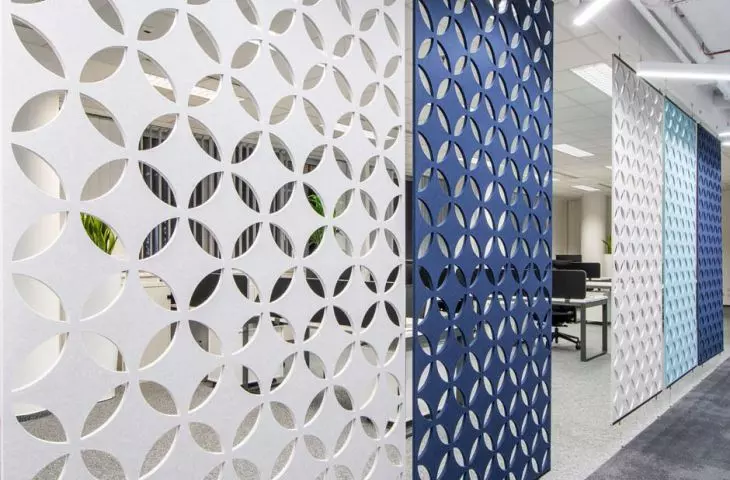 Cascade acoustic openwork panels in the form of partitions