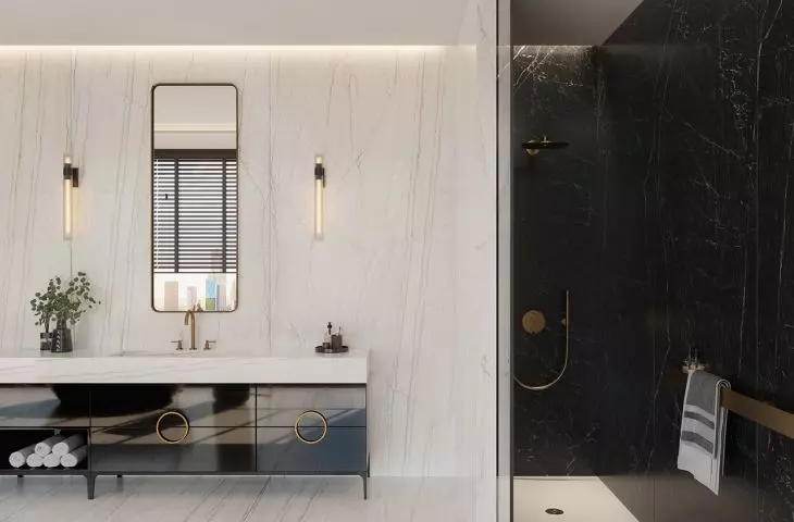 White (Dekton Neural) and black (Dekton Somnia) floor and wall coverings from the latest Dekton Onirika collection