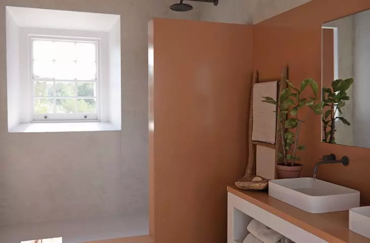 Wall cladding (Dekton Umber) combined with Silestone Marie TOP countertop washbasins (Blanco Zeus)