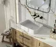 Silestone Marie TOP countertop washbasin (Blanco Zeus) in composition with Dekton Awake wall and countertop cladding