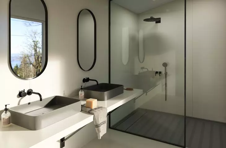 Kompozycja piaskowanego brodzika prysznicowego i umywalek nablatowych Marie TOP w tym samym odcieniu Silestone