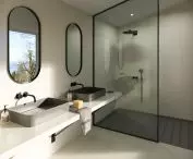 Composition of sandblasted shower tray and Marie TOP countertop washbasins in the same shade of Silestone