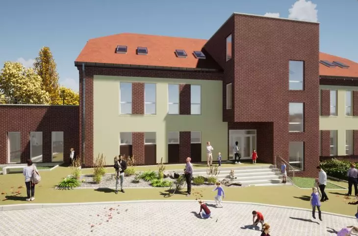 W bryle budynku architekci zaprojektowali charakterystyczną prostopadłościenną klatkę schodową